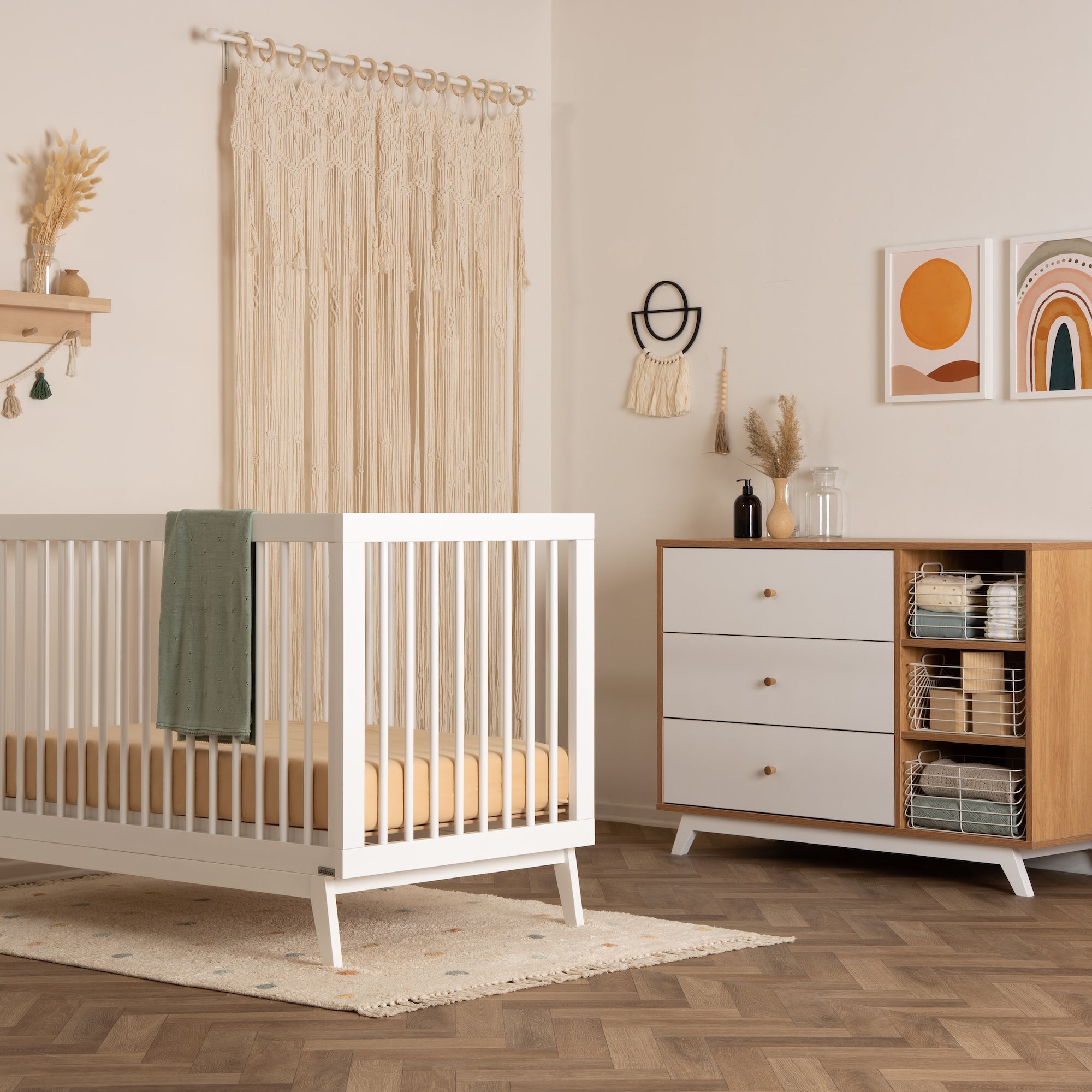 Central Park 3-Drawer, Two Shelf Nursery Dresser (White + Red Oak