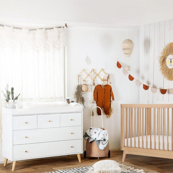 Baby Harmony Set - Bundle - Soho 3 - in - 1 Convertible Crib / White - Austin 5 - Drawer Nursery Dresser / white + natural
