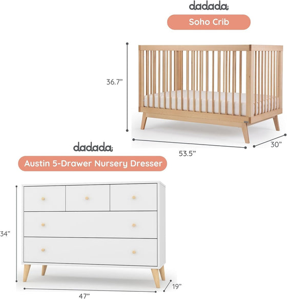 Baby Harmony Set - Bundle - Soho 3 - in - 1 Convertible Crib / White - Austin 5 - Drawer Nursery Dresser / white + natural