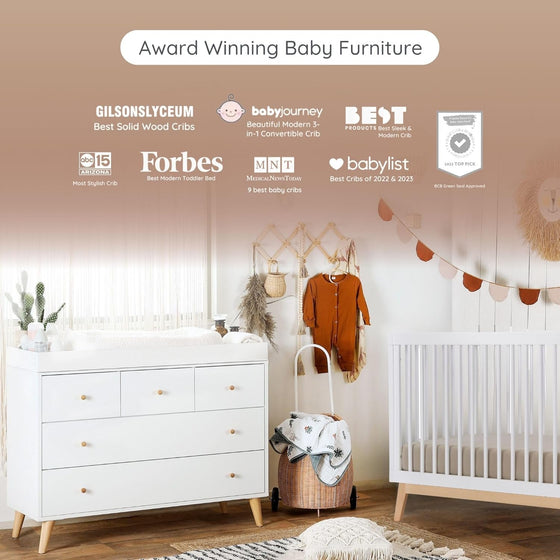 Baby Harmony Set - Bundle - Soho 3 - in - 1 Convertible Crib / White - Austin 5 - Drawer Nursery Dresser / white + natural