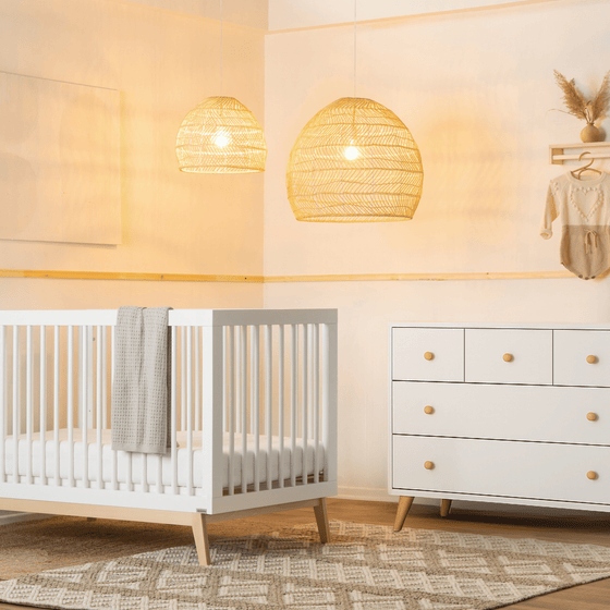 Baby Harmony Set - Bundle - Soho 3 - in - 1 Convertible Crib / White - Austin 5 - Drawer Nursery Dresser / white + natural