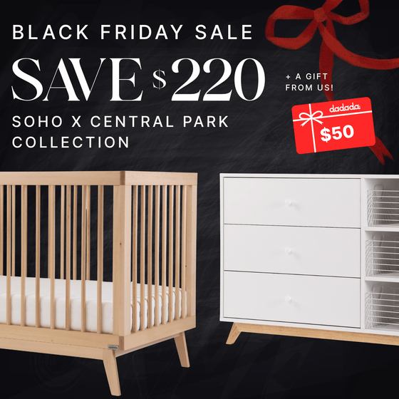 Black Friday Exclusive | Soho x Central Park Collection - Bundle - Soho 3 - in - 1 Convertible Crib / White - Central Park 3 - Drawer, Two Shelf Nursery Dresser / white + natural - dadada gift card / $50.00