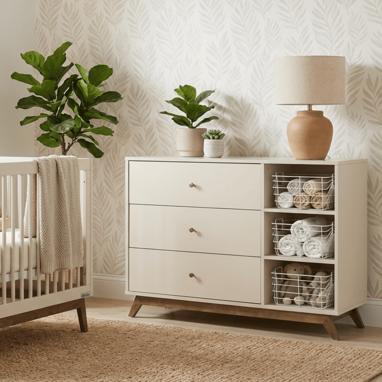 Central Park 3 - Drawer, Two Shelf Nursery Dresser + Free Storage Baskets - almond milk + walnut