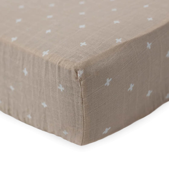 Cotton Muslin Crib Sheet - Taupe Cross - Crib Sheet - Taupe Cross