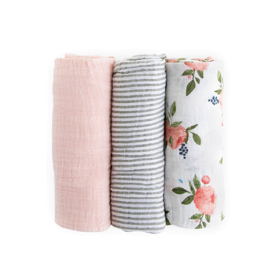 Cotton Muslin Swaddle Blanket 3 Pack - Watercolor Roses - Swaddle Multi Pack - Watercolor Roses