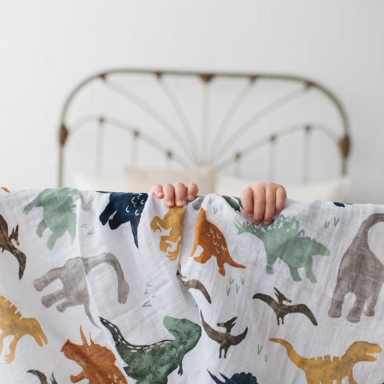 Cotton Muslin Swaddle Blanket - Dino Friends - Swaddle Blanket - Dino Friends