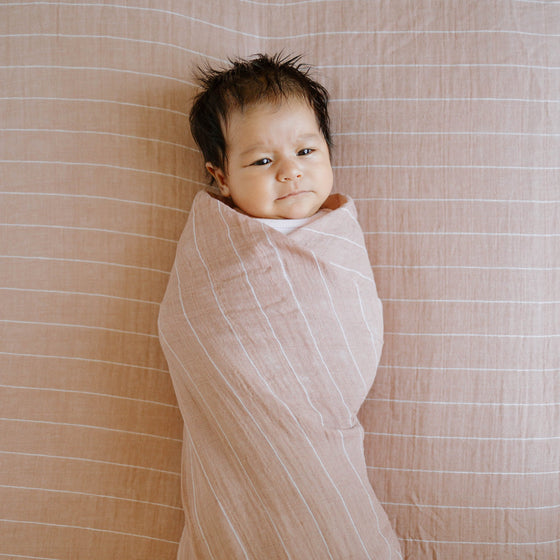 Cotton Muslin Swaddle Blanket - Mauve Stripe - Swaddle Blanket - Mauve Stripe