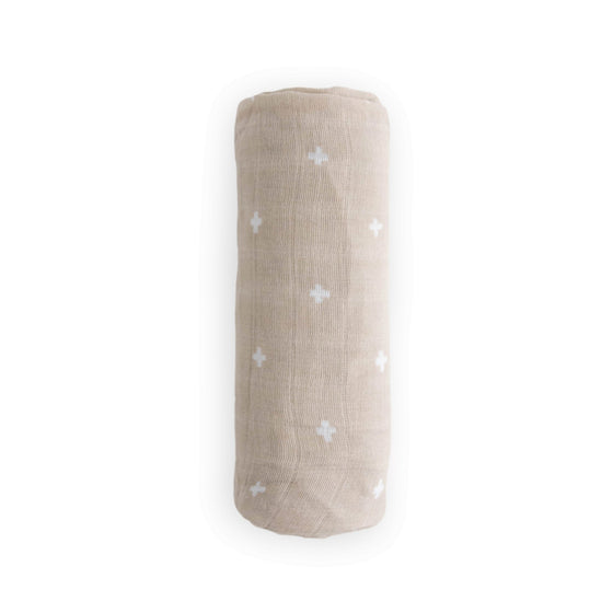 Cotton Muslin Swaddle Blanket - Taupe Cross - Swaddle Blanket - Taupe Cross