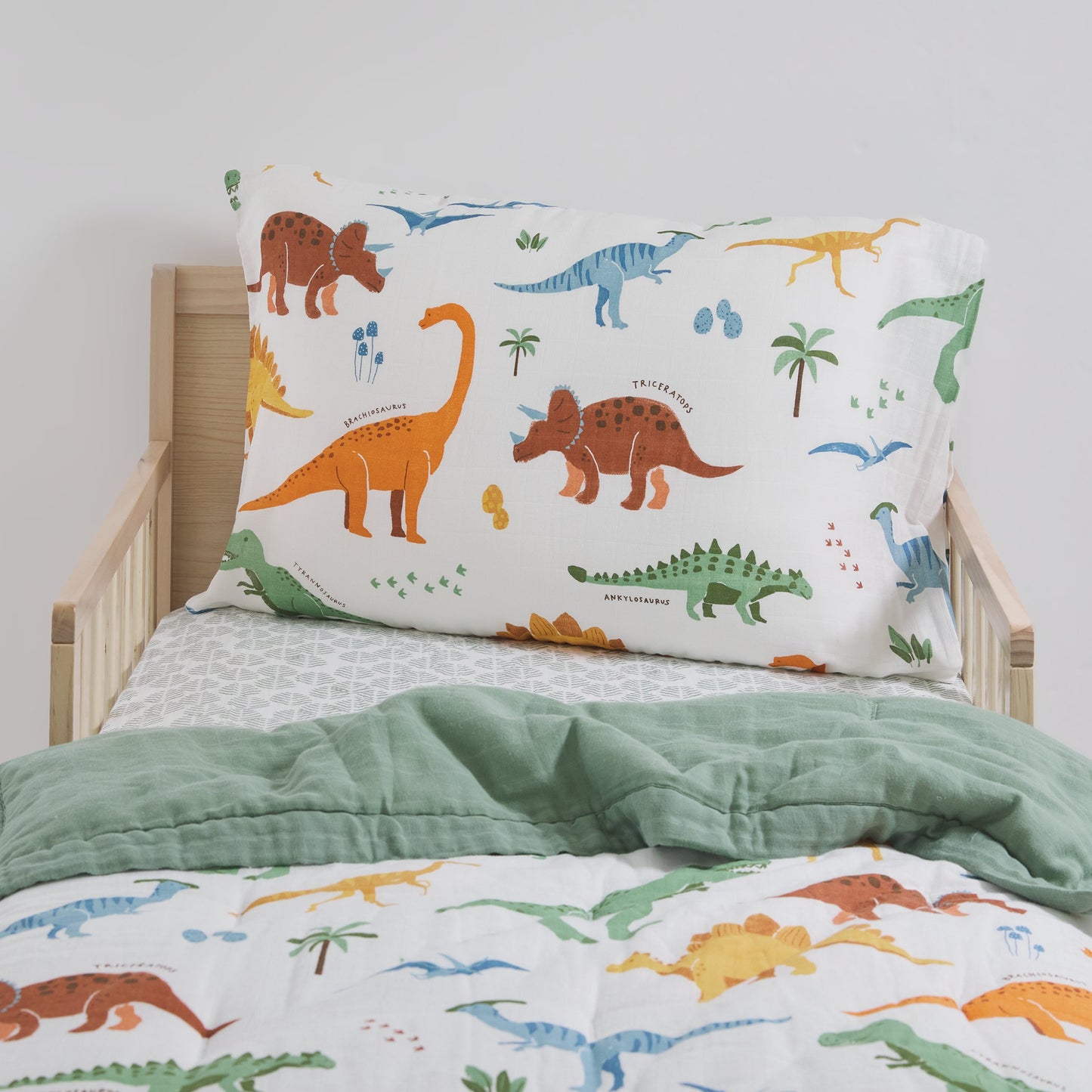 Cotton Muslin Toddler Bedding 3 Piece Set - Dino Names - Bedding Set - Dino Names