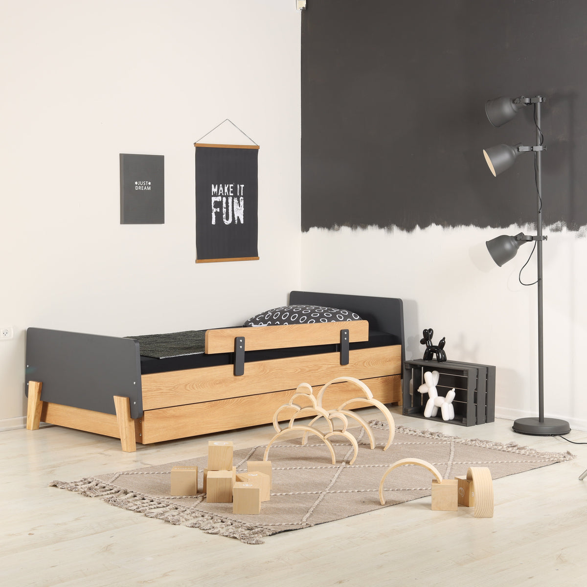 Fun Twin Bed + Trundle Box - White + Natural