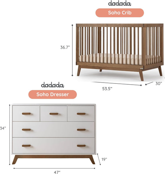 Nest Bundle - Bundle - Soho 3 - in - 1 Convertible Crib / White - Soho 5 - Drawer Nursery Dresser / black + natural