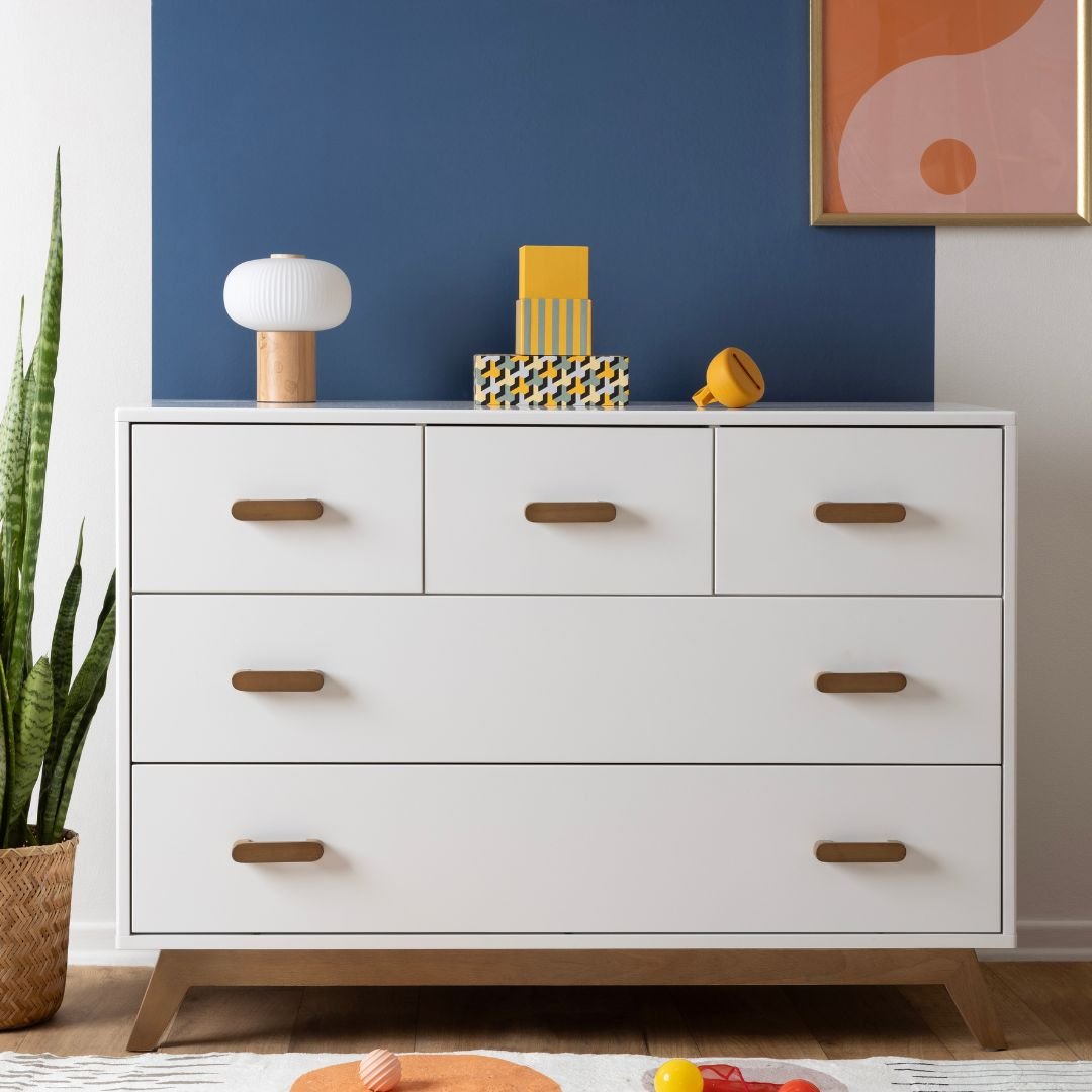 assembled white dresser Soho 5-Drawer Dresser, White/Walnut